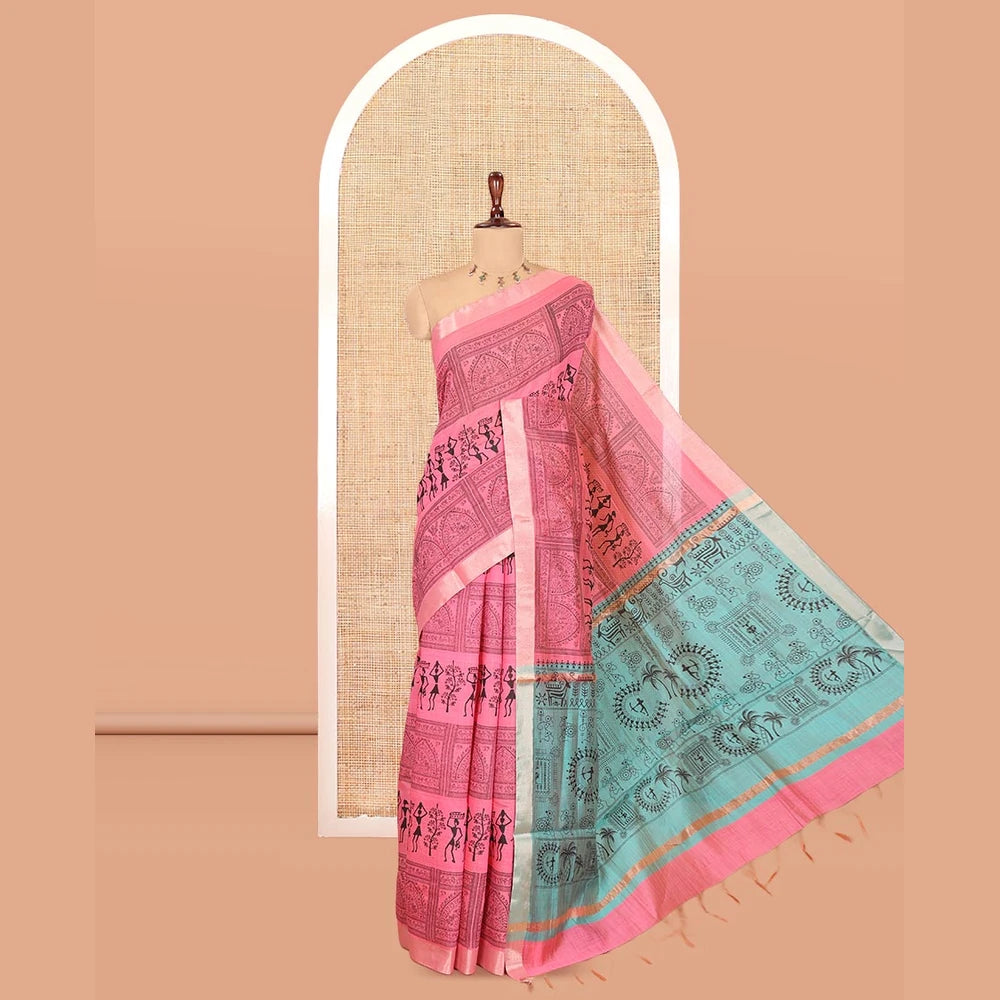Pothys Pink Semi-Silk Cotton Saree, Adorned with Warli Print, a Tissue Border, Contrast Warli Printed Pallu, and a Contrast Blouse
